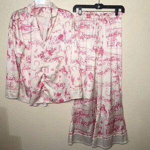 Satin Pajama Set Women’s S Pink Western Rodeo Print 2 Piece Cowgirl Lounge